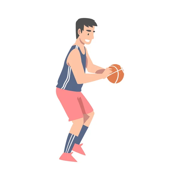 男性バスケットボール選手とボール漫画スタイルベクトルイラストで遊ぶ — ストックベクタ