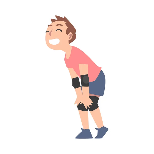 Leuke jongen dragen knie en elleboog pads cartoon stijl vector illustratie — Stockvector