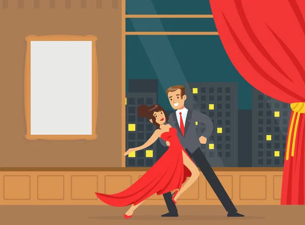 Para Taniec Tango w Disco Club, Szczęśliwa para o romantyczną randkę wektor ilustracji — Wektor stockowy