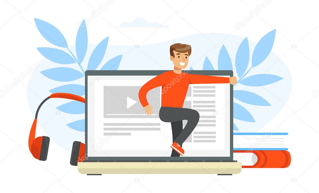 Young Man Stepping out of Computer Screen, Digital Detox Concept Cartoon Vector Illustration
