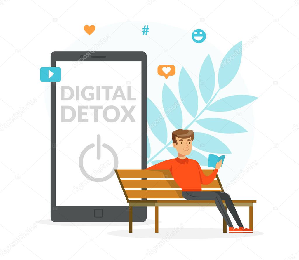 Young Man Disconnecting and Reading Book in the Park, Digital Detox Concept Cartoon Vector Illustration