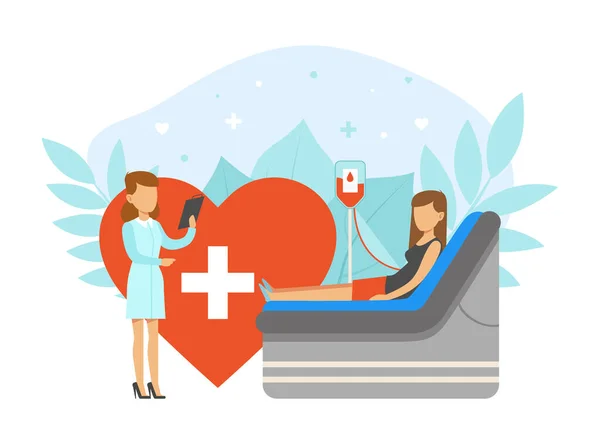 Blood Donation Concept, Vrouw Donor Vrijwilliger Doneren haar bloed cartoon vector illustratie — Stockvector