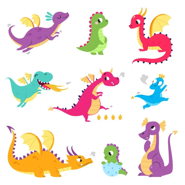 Aranyos színes kis sárkányok készlet, vicces baba dinoszauruszok, tündérmese karakterek rajzfilm stílus vektor illusztráció — Stock Vector