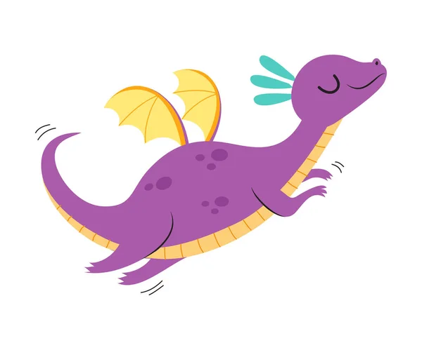 Roztomilý fialový malý drak s křídly, létající legrační dítě dinosaurus pohádka postava karikatura styl vektorové ilustrace — Stockový vektor