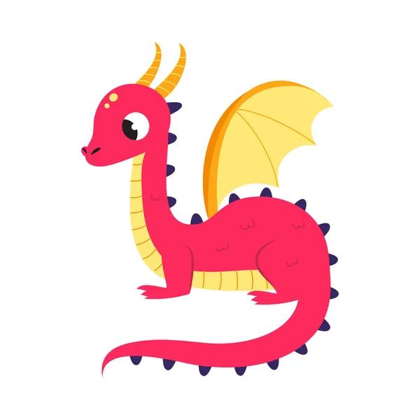 翼を持つかわいい赤い小さなドラゴン、面白い赤ちゃん恐竜の妖精物語キャラクター漫画スタイルベクトルイラスト — ストックベクタ