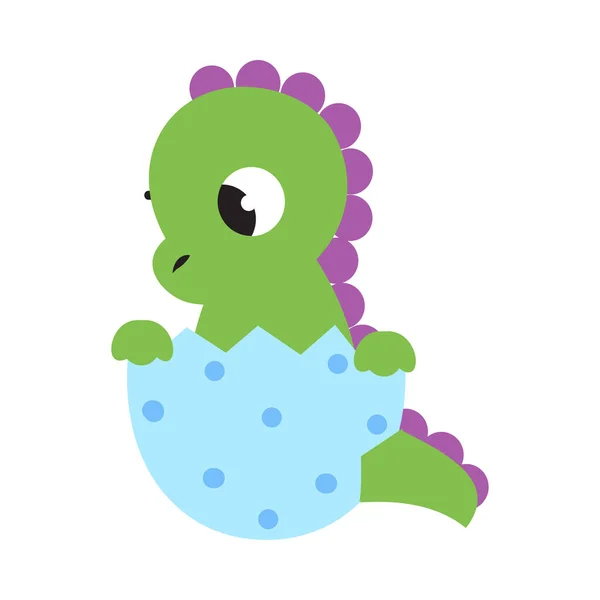 Симпатичный маленький зеленый дракон, сидящий в яичной скорлупе, забавный бэби-динозавр, персонаж сказки — стоковый вектор