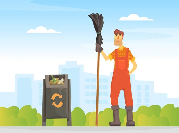 Janitor maschio con scopa, pulitore di strada uomo in arancione uniforme cartone animato vettoriale Illustrazione — Vettoriale Stock
