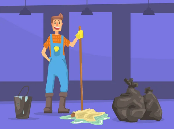 Muž školník Shromažďování koše, Muž Professional Street Cleaner v Uniform Cartoon Vector Illustration — Stockový vektor