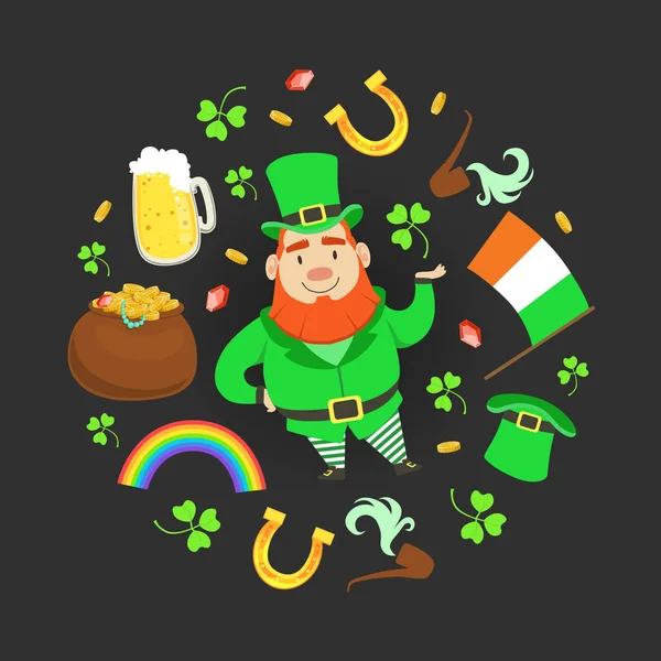 Rolig Leprechaun och St Patricks Day symboler för cirkulär form, traditionell irländsk folklore National Character Vector Illustration — Stock vektor