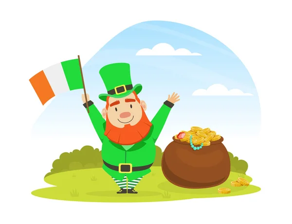 Vackert Sommarlandskap med Leprechaun med Pot of Gold Mynt och Irländsk Flagga, St Patricks Day, Traditionell Irländsk Folklore National Character Vector Illustration — Stock vektor