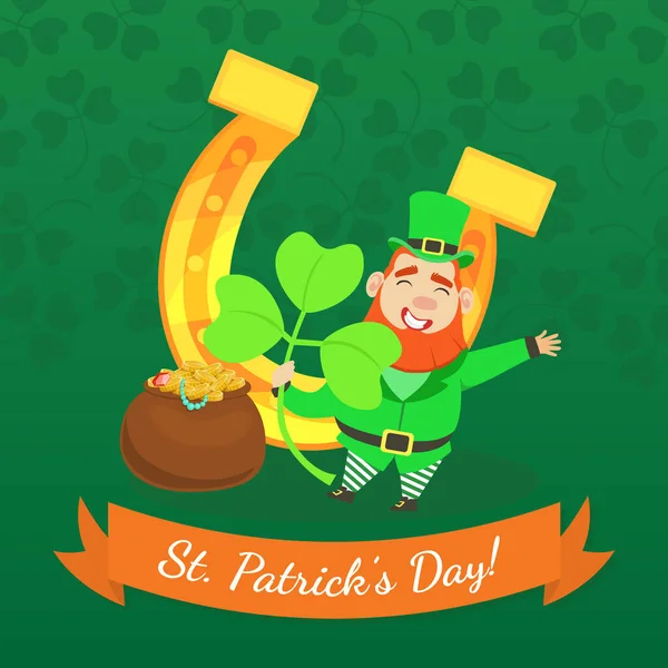 St Patricks Day Banner Mall med roliga leeprechaun, Pot of Gold Mynt, hästsko och klöver blad vektor Illustration — Stock vektor