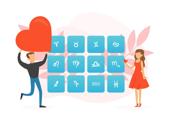 Love Compatibility with Zodiac Signs, Astrological Signs of the Zodiac Cartoon Vector Illustration