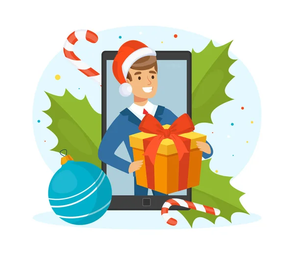 Christmas and Happy New Year Online Shopping, Male Selling Gifts on Internet Sale Cartoon Vector Illustration — Stock Vector