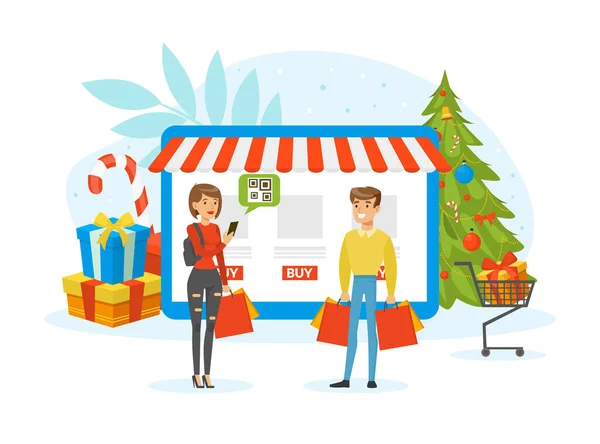 Boże Narodzenie i Szczęśliwego Nowego Roku Zakupy online, Ludzie kupujący prezenty na sprzedaż w Internecie Cartoon Vector Ilustracja — Wektor stockowy