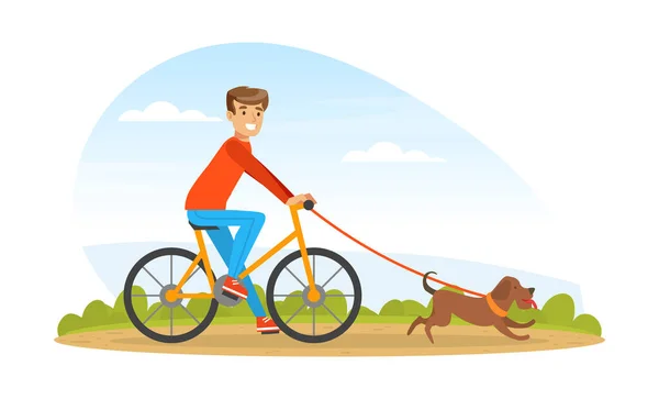 骑自行车的人带着他的宠物狗走在户外漫画中的病媒图解 — 图库矢量图片