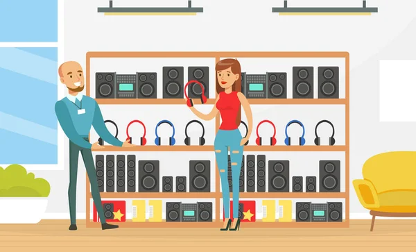 Młody mężczyzna wybierający i kupujący słuchawki w centrum handlowym, asystentka Girl Shop, nowoczesny sklep elektroniczny, ilustracja wektora wnętrz — Wektor stockowy