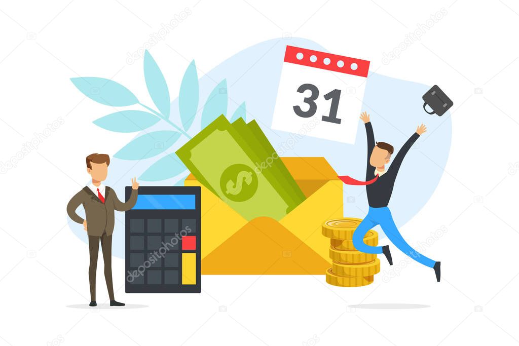 Salary Payment Date or Payday Concept, Happy Young Man Receiving Money or Salary Cartoon Vector Illustration