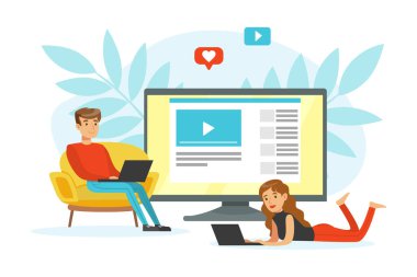 İnsanlar Bilgisayar Kullanarak Video İzliyor, Video Konferansı, Webinar, Çevrimiçi Buluşma Düz Vektör İllüstrasyonu