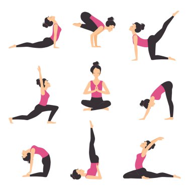 Çeşitli Yoga Pozisyonları Alıştıran Kız Seti, Zayıf Sporcu Genç Kadın Eğitimi, Meditasyon, Dengeleme ve Rahatlatıcı Düz Stil Resimleri