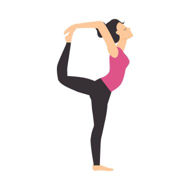 Yoga yapan kız esneme egzersizi yapıyor, ince sporcu kadın yoga yapıyor düz stil vektör çizimi yapıyor.