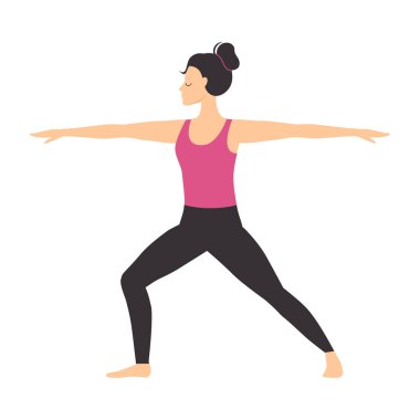 Yoga yapan kız, Slim Sportif Genç Kadın, Savaşçı Poz Veren Yoga Düz Şekil Çizimi