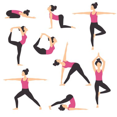 Çeşitli Yoga Konumları Alıştırması Seti, Slim Sporty Genç Kadın Eğitimi, Dengeleme ve Rahatlatma, Fitness Egzersiz Düz Stil Resimleri