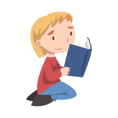 Dizlerinin üstüne çöküp kitap okuyan sevimli çocuk, edebiyattan zevk alan sevimli çocuk, ilkokul öğrencisi karakter çizgi film stili vektör ilülasyonu.