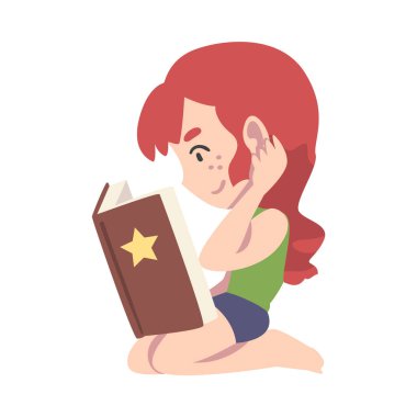 Dizlerinin üstüne çöküp kitap okuyan tatlı kızıl saçlı kız, edebiyattan zevk alan çocuk, ilkokul öğrencisi karakteri çizgi film stili vektör çizimi.