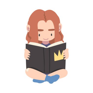 Zeminde Çapraz Bacak ve Okuma Kitabı olan Sevimli Kız, Edebiyattan Hoşlanan Çocuk, İlkokul Öğrencisi Karakteri Çizgi Film Biçimi Vektör İllüstrasyonu