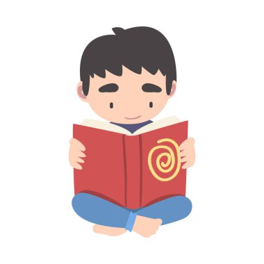 Sevimli çocuk bacak bacak üstüne atıp kitap okuyor, çocuk edebiyattan zevk alıyor, ilkokul öğrencisi karakteri çizgi film stili illüstrasyonu.