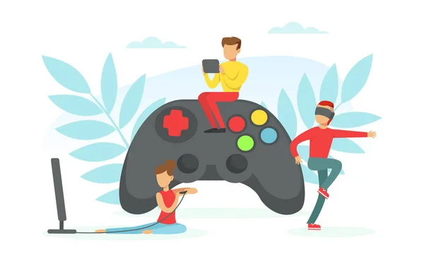 Gente Pequeña Jugadores Jugando Videojuegos Usando Play Station Console y VR Gafas, Cybersport, Adicción al Juego, Concepto de Entretenimiento Ilustración de Vectores Planos — Vector de stock