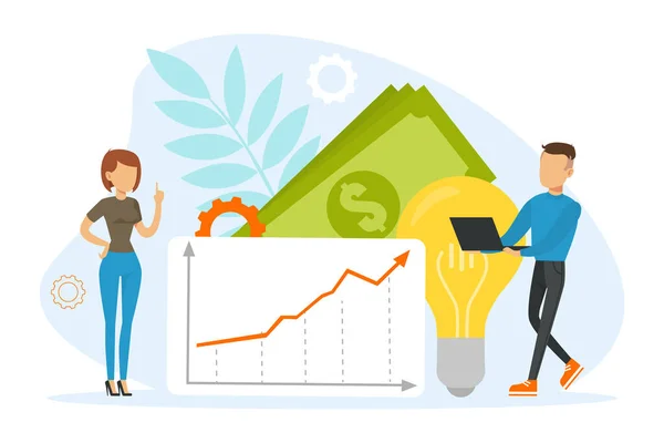 Financial Business Idea Concept, Tiiny Άνθρωποι που εργάζονται σε νέο έργο, Creative Ideas Flat Vector illustration — Διανυσματικό Αρχείο