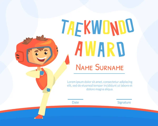 Certificado de premio de deportes Taekwondo con lindo niño feliz y espacio para texto, ilustración vectorial de la plantilla del diploma de los niños coloridos — Archivo Imágenes Vectoriales