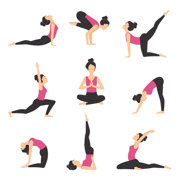 Flicka öva diverse yogapositioner som, smal sportig ung kvinna utbildning, meditera, balansera och avkopplande platt stil vektor illustration — Stock vektor