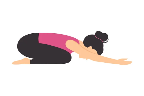 Chica haciendo ejercicio de yoga, mujer joven deportiva delgada relajante en niño Yoga Pose Flat Style Vector Illustration — Vector de stock