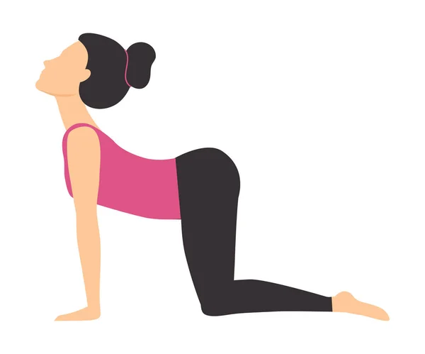 Chica haciendo ejercicio de yoga, mujer joven deportiva delgada practicando Vaca Yoga Pose Flat Style Vector Illustration — Vector de stock