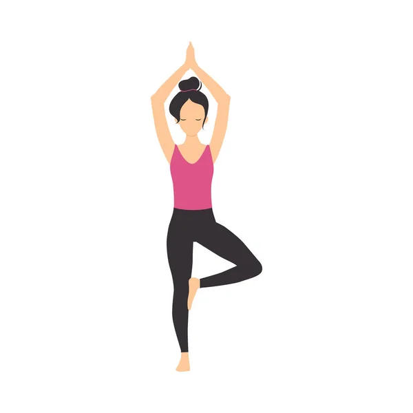 Chica haciendo ejercicio de yoga, mujer joven deportiva delgada practicando yoga en el árbol Asana Flat Style Vector Illustration — Vector de stock