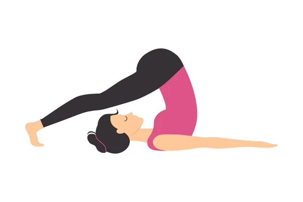 Chica haciendo ejercicio de yoga, mujer joven deportiva delgada practicando Plow a Yoga Pose Flat Style Vector Illustration — Vector de stock