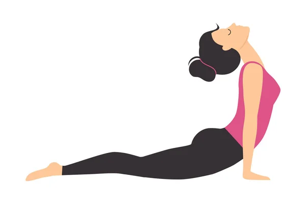 Chica haciendo ejercicio de yoga, mujer joven deportiva delgada practicando hacia arriba mirando hacia el perro Yoga Pose Flat Style Vector Illustration — Vector de stock