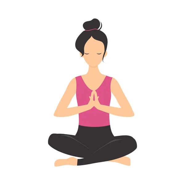 Chica haciendo ejercicio de yoga, mujer joven deportiva delgada relajándose en la postura de loto yoga Estilo plano Vector Ilustración — Vector de stock