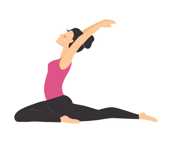 Chica haciendo ejercicio de estiramiento de yoga, Mujer joven deportiva delgada practicando yoga, Ejercicio de fitness Estilo plano Vector Ilustración — Vector de stock