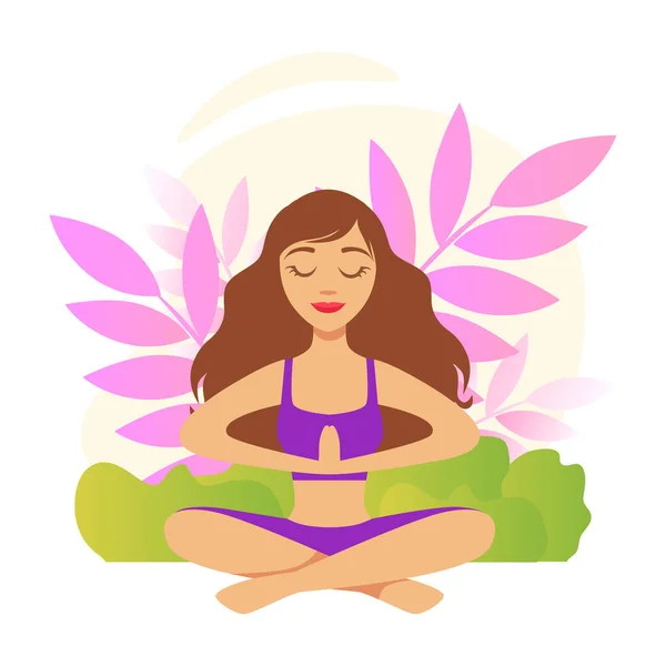 Niña sentada y meditando en posición de loto de yoga con escenario floral Vector Ilustración — Vector de stock