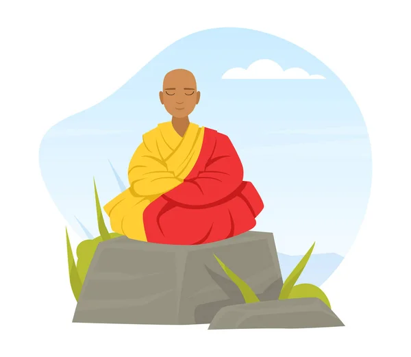 Kale Boeddhist Zittend op Steen en Mediterend in Yoga Lotus Positie Vector Illustratie — Stockvector