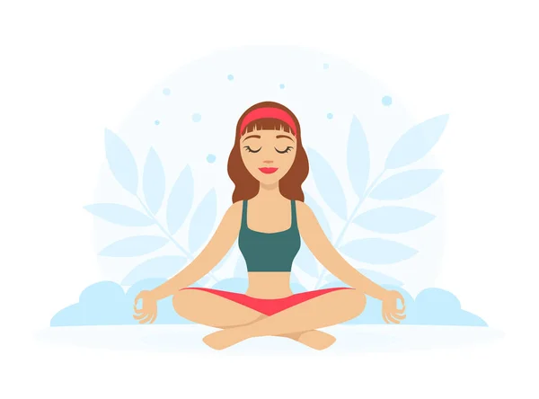 Niña sentada y meditando en posición de loto de yoga con escenario floral Vector Ilustración — Vector de stock