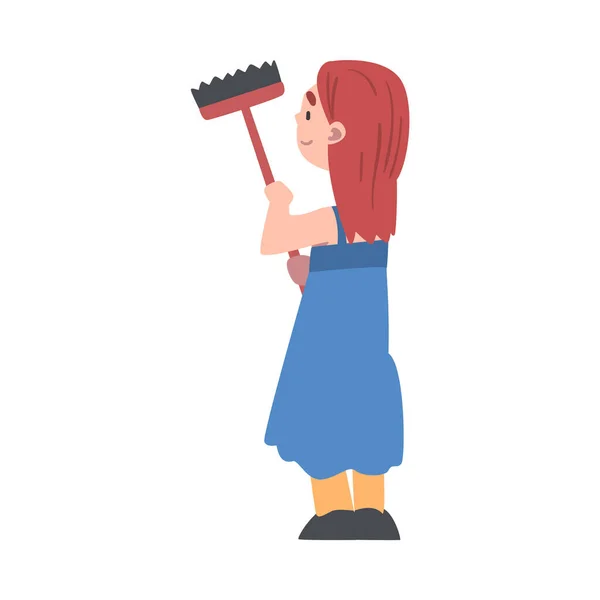 Girl Cleaning with Brush, Kid Taking Care about Ecology, Conservation of Planet Resources, Environmental Protection Concept Carector Illustration (dalam bahasa Inggris). - Stok Vektor