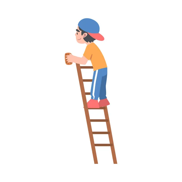 Boy Standing on Wooden Ladder with Rag, Kid Taking Care about Ecology, Conservation of Planet Resources Conceito Cartoon Vector Ilustração —  Vetores de Stock