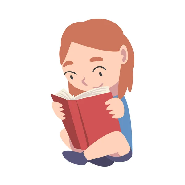 Sevimli çocuk bacak bacak üstüne atıp kitap okuyor, edebiyattan zevk alan sevimli çocuk, ilkokul öğrencisi karakteri çizgi film stili temsilcisi. — Stok Vektör