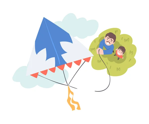 Ο μπαμπάς και ο γιος του Παίζοντας Kite Υπαίθριες, Άποψη από πάνω του ανθρώπου και του αγοριού βλέποντας Flying Kite Cartoon Style Διάνυσμα Εικονογράφηση — Διανυσματικό Αρχείο