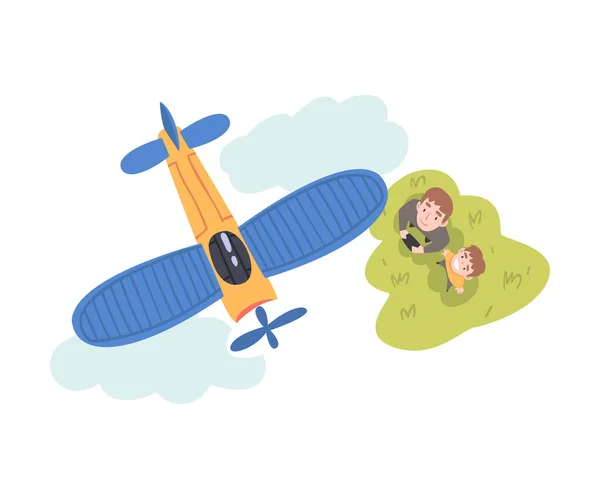 Dad and his Son Launching Airplane Model, Parent and Son Spending Time Together Outdoors Cartoon Style Vector Illustration Stok Ilustrasi Bebas Royalti