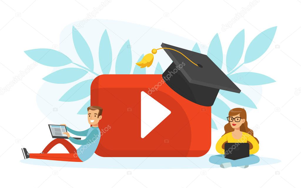 People Watching Video Using Laptop Computers, Online Education, Learning Support, Staff Training Flat Vector Illustration